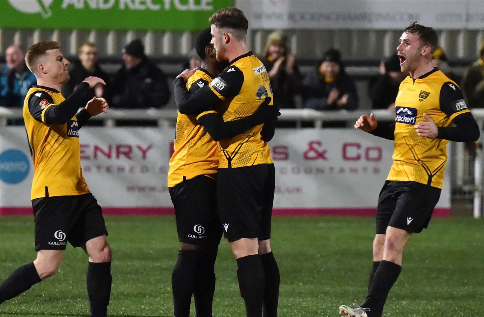 Maidstone celebrate Sam Bone's deflected first-half strike in their 1-1 draw with Scunthorpe. Picture: Steve Terrell