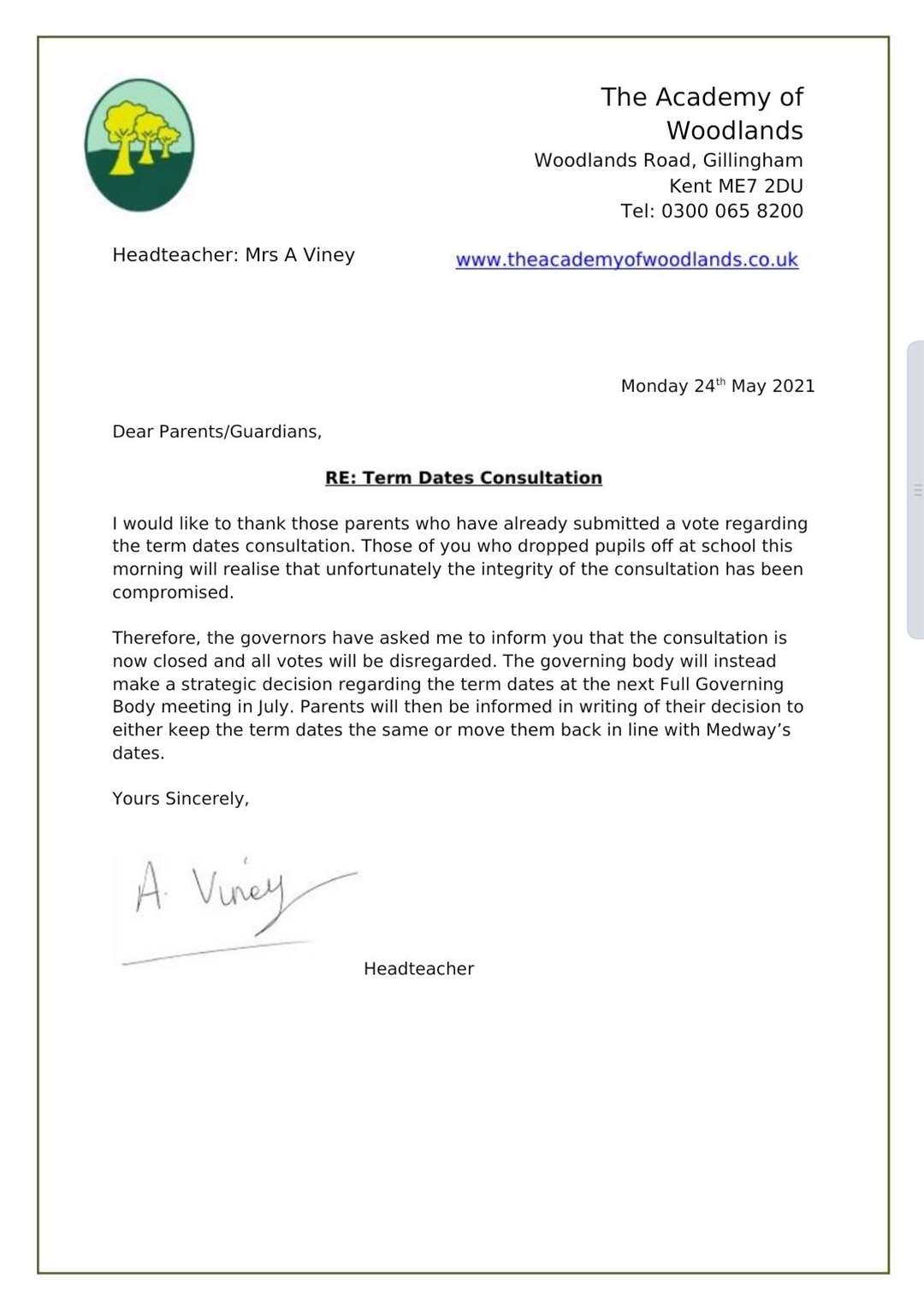 The letter from Academy of Woodlands head Anne Viney about the term dates consultation (47503115)