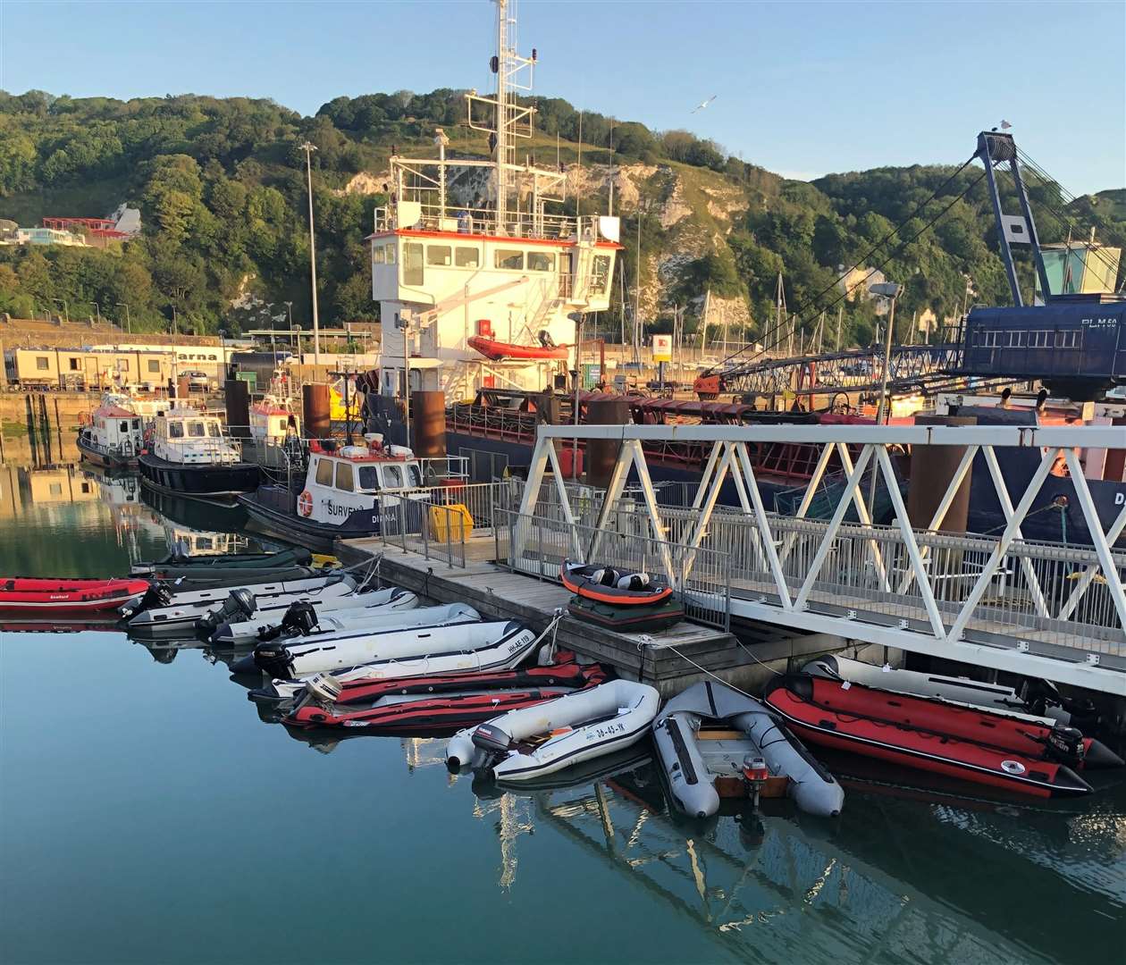 A collection of migrant dinghies at the Quay in Dover pictured after record numbers tried to cross the Channel