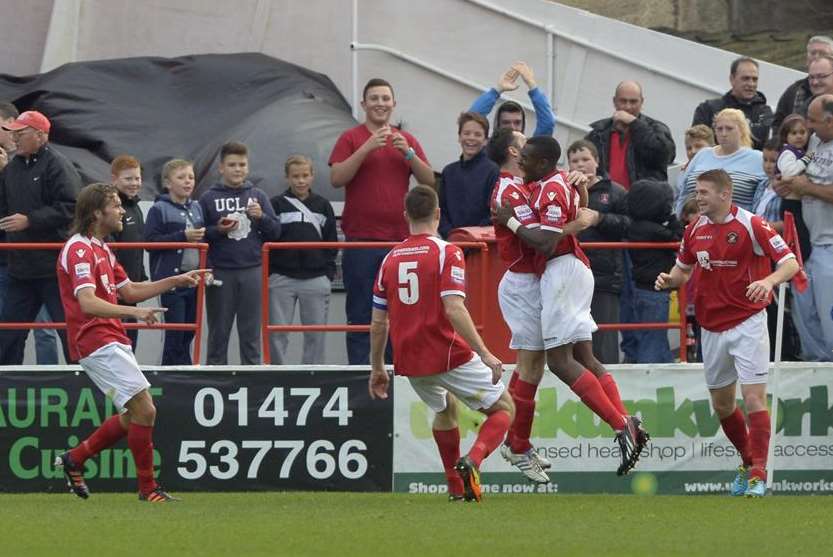 Anthony Cook takes the congratulations after bringing Ebbsfleet level