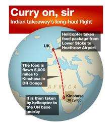 Staff at Taj Cuisine in Lower Stoke prepare to deliver Indian meal to Congo. Map of the journey.