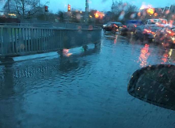 One lane of the one-way system in Maidstone was under water after a rush hour deluge. Pic: Kelly Elwin Nichols