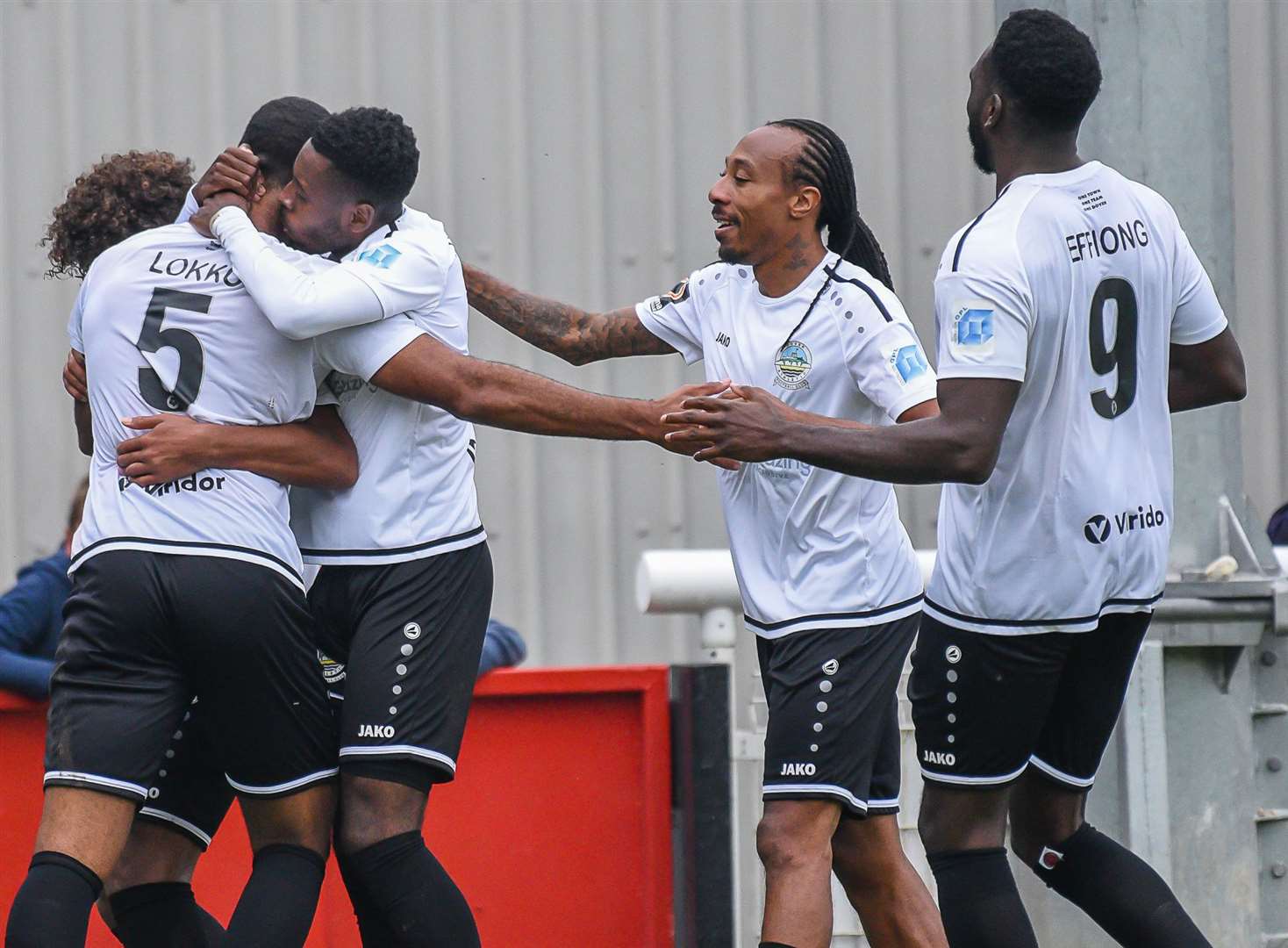 Kevin Lokko (No.5) celebrates putting Dover 2-1 up against Notts County on Saturday Picture: Alan Langley