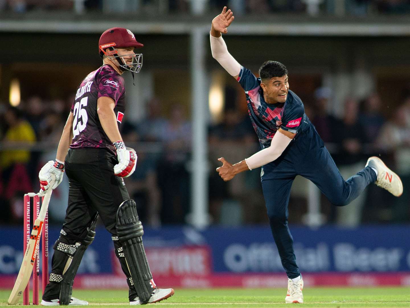Kent spinner Imran Qayyum on his way to career-best T20 figures against Somerset. Picture: Ady Kerry