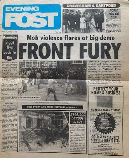 The front page of the Evening Post reporting on the NF and IYF confrontations in Gravesend