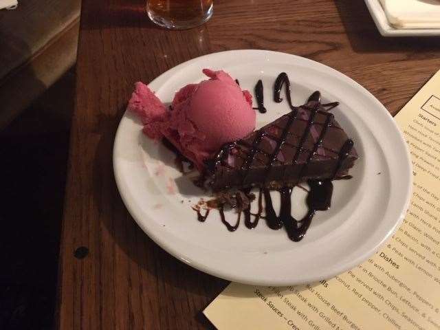 We had a pudding in the front bar and, for me, the chocolate and raspberry tart with sorbet, was the best part of the meal – fantastic