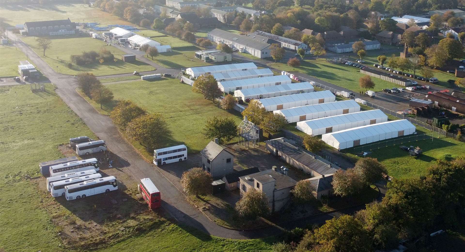 A view of the Manston immigration short-term holding facility located at the former Defence Fire Training and Development Centre in Thanet, Kent. 700 people were moved to the Manston facility for safety reasons after incendiary devices were thrown at a Border Force migrant centre in Dover on Sunday. Picture date: Monday October 31, 2022. Picture: PA (60331592)