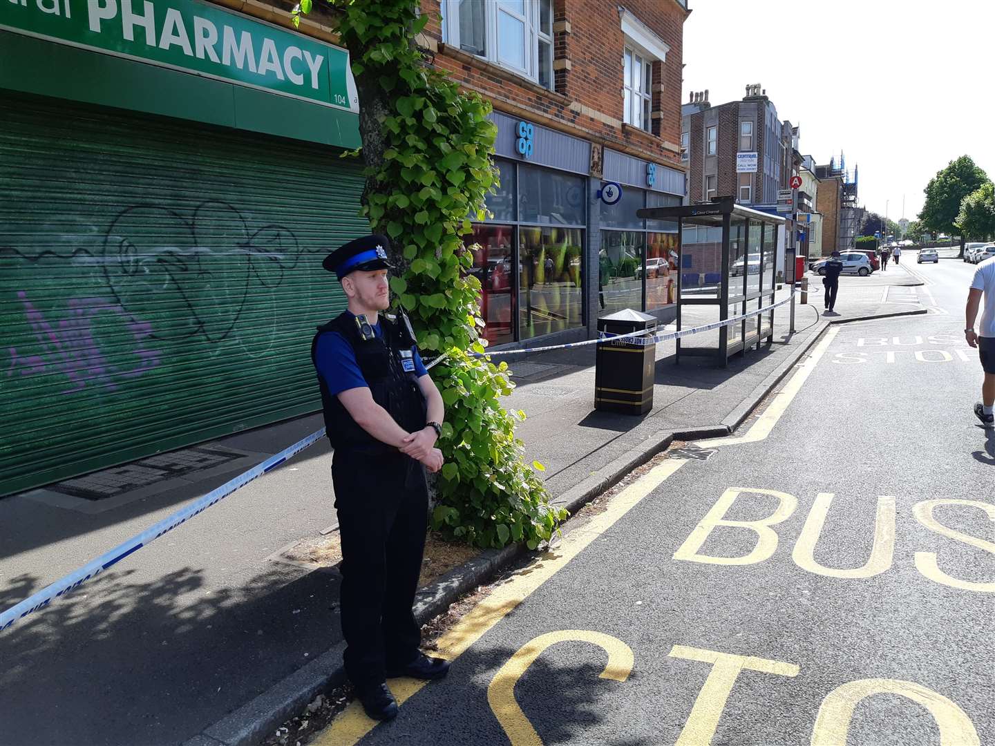 An area near the Co-op in Folkestone guarded by a PCSO further away from the stabbings
