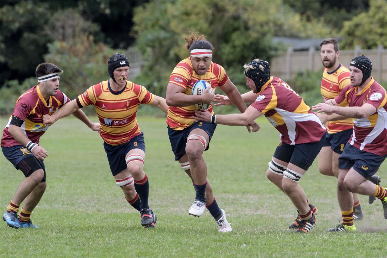 Dartfordians (burgundy) vs Medway (yellow/red hoops), rugby action from the Memoprial Ground, Bourne Road, Bexley. Picture: Andy Payton