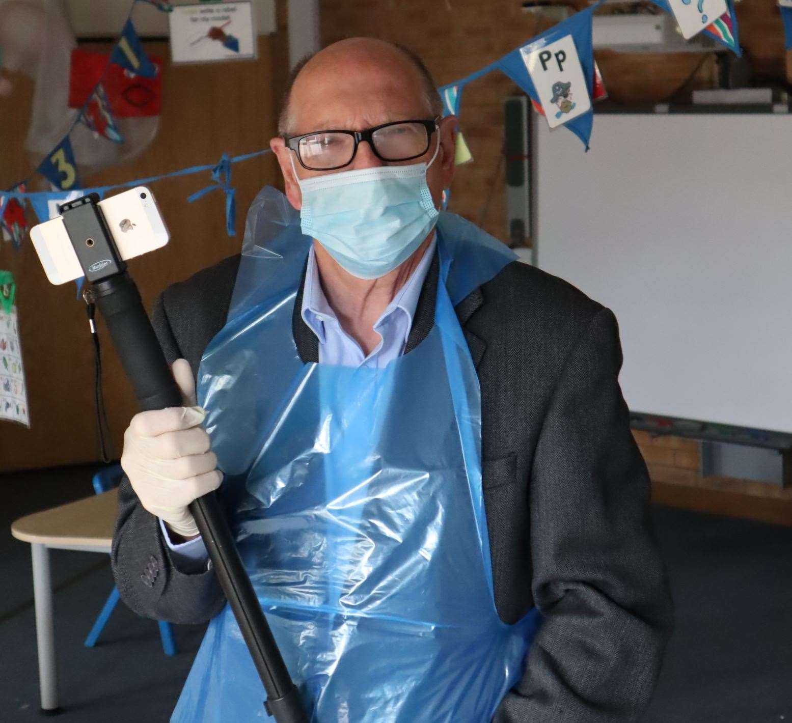 Reporter John Nurden clad in PPE for his visit to St George's CE Primary School in Minster, Sheppey, during the coronavirus pandemic