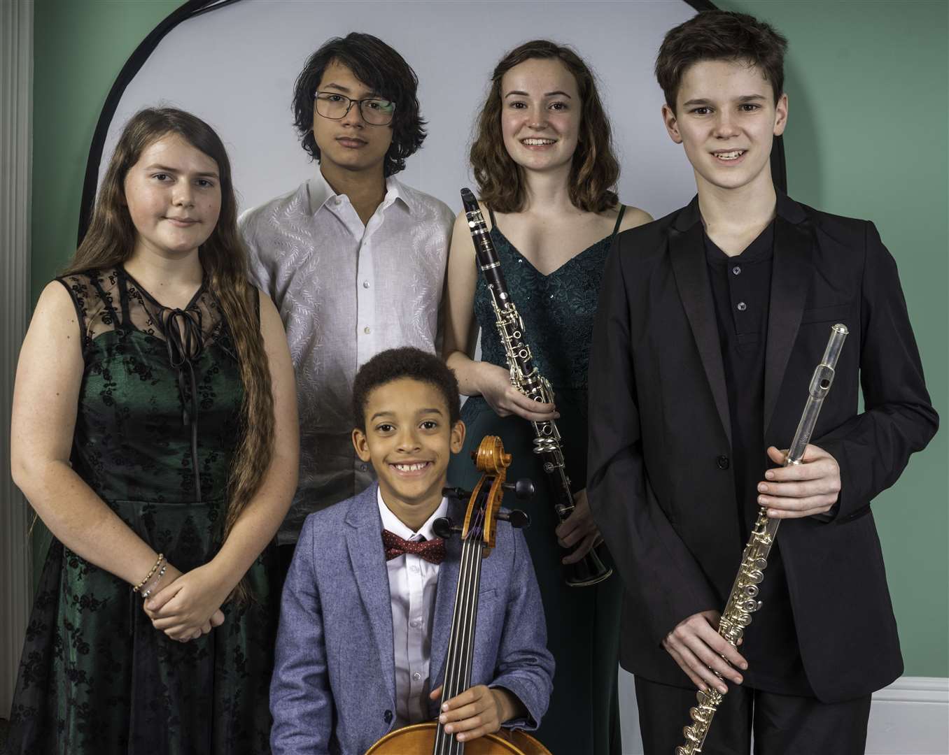 Some of this year's Young Musicians finalists: from left, Leonie Carrette, Ashley Solano, Oliver Moh, Siena Barr and Daniel Pengelly