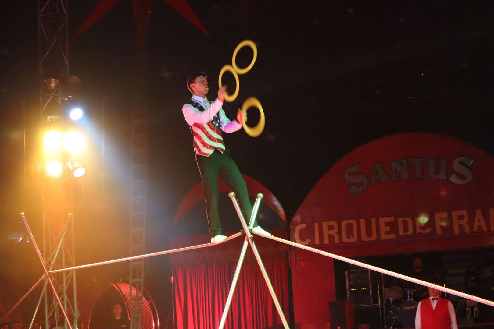 Clown Lucien Santus juggling on the tight rope at Santus Circus on the Isle of Sheppey. Picture: John Nurden
