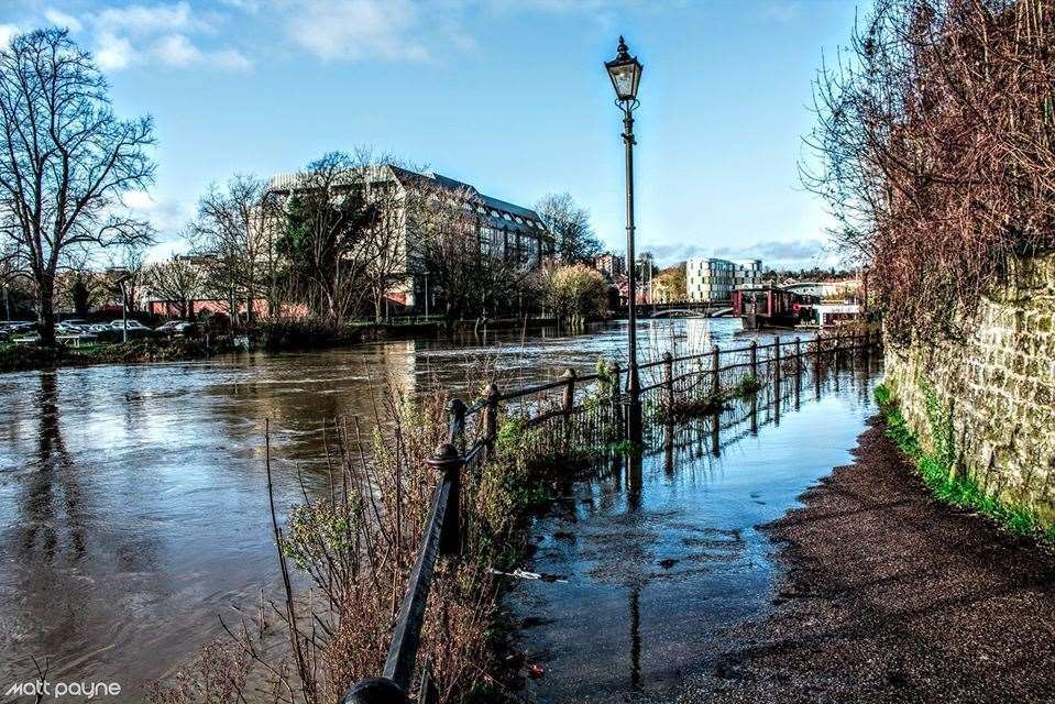 The River Medway has burst its banks in Maidstone town centre. Pic: Matt Payne