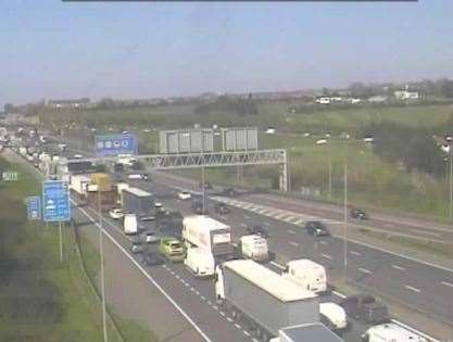 There are long delays on the approach to the Dartford Tunnel due to a crash involving three lorries. Photo: National Highways (63651874)