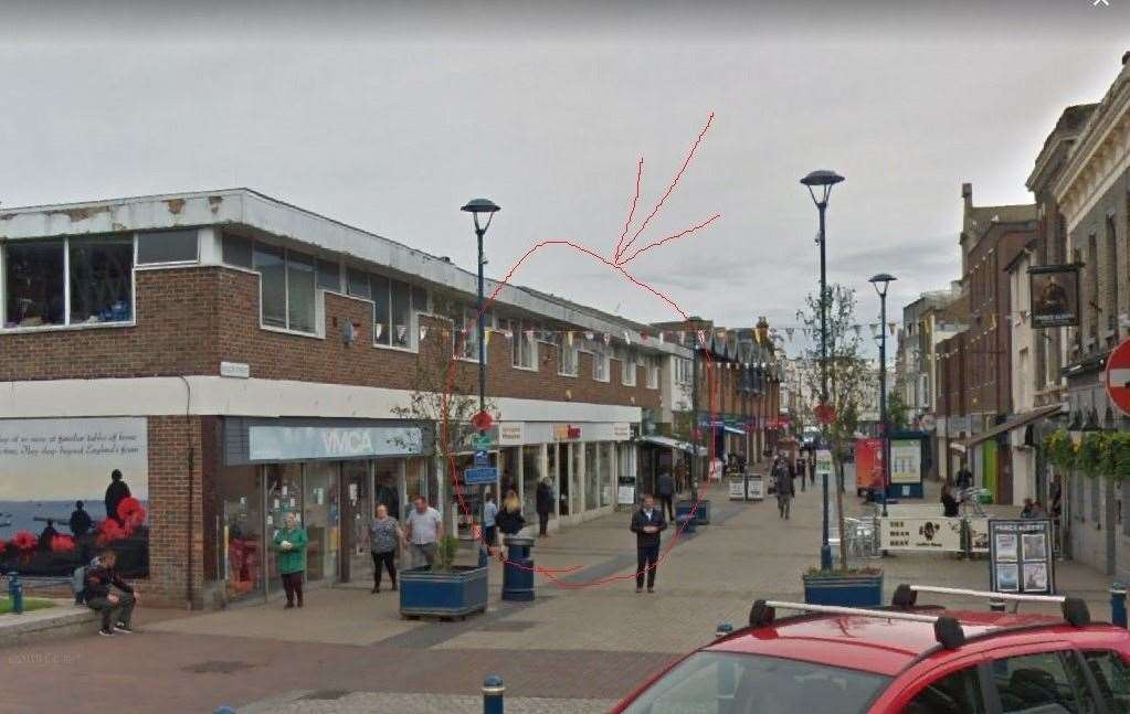 Biggin Street, Dover, with the rough location of the original Salutation pub (now BrightHouse) circled. Picture: Google