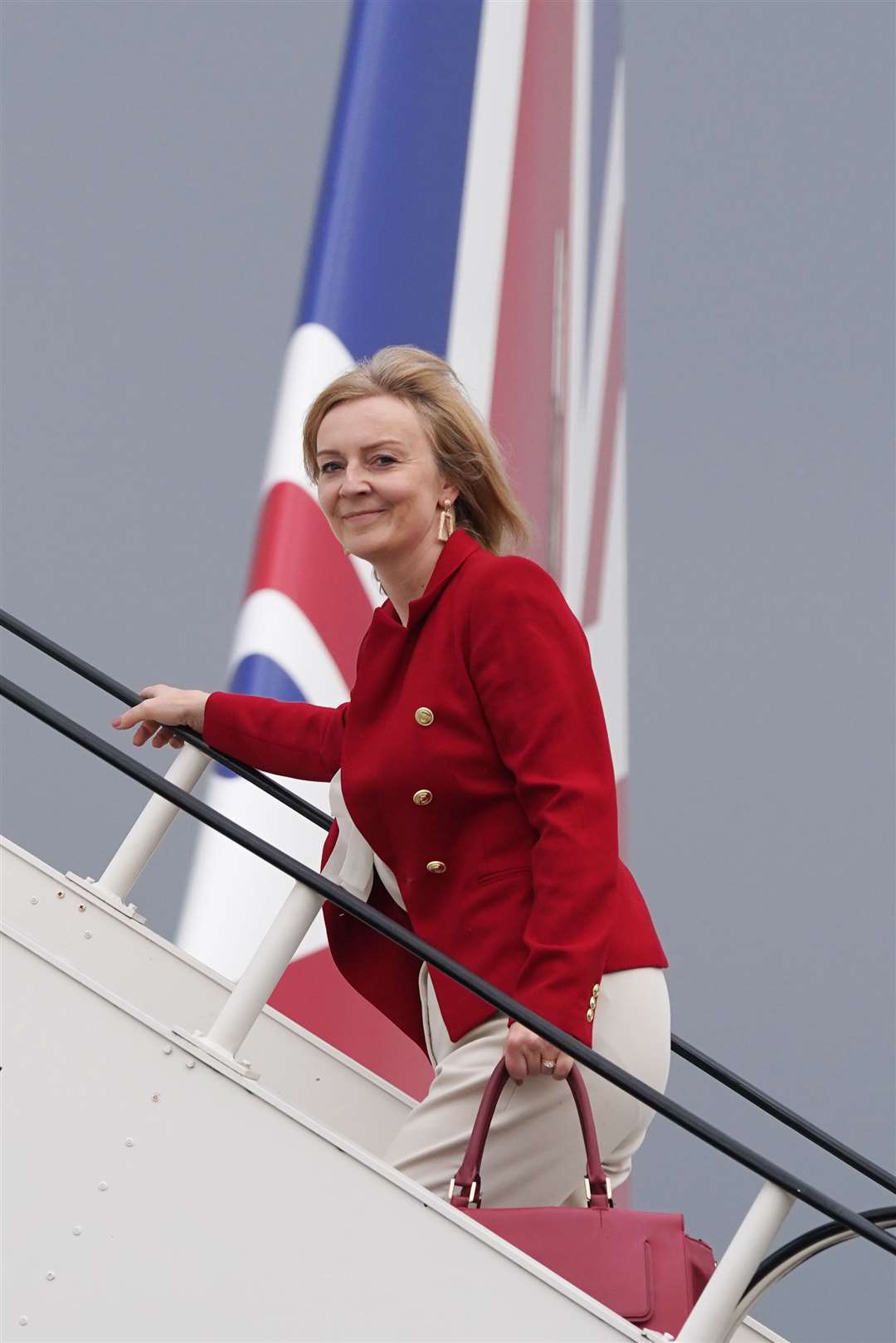 Foreign Secretary Liz Truss boards RAF Voyager at Stansted Airport (Stefan Rousseau/PA)