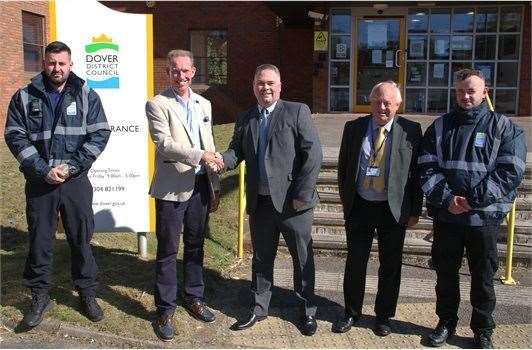 The new alliance. Council leader Trevor Bartlett, with Cllr Bates, MD John Dunne and enforcement officers from WISE. Picture: Dover District Council