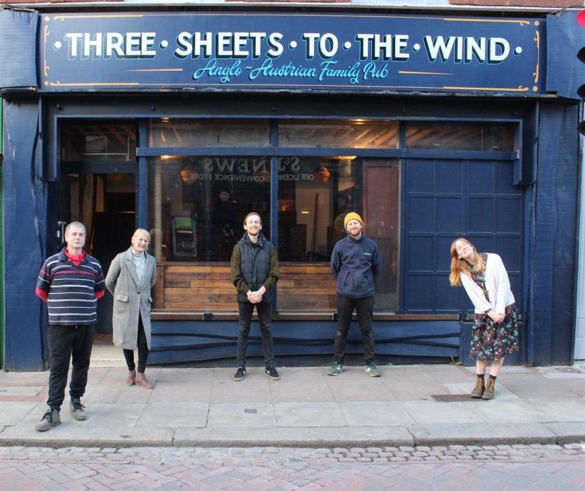 Three Sheets To The Wind Pub is opening on April 12. Left to right: Matthew Harrison, Tracy Minhard, Thomas, Patrick and Nina
