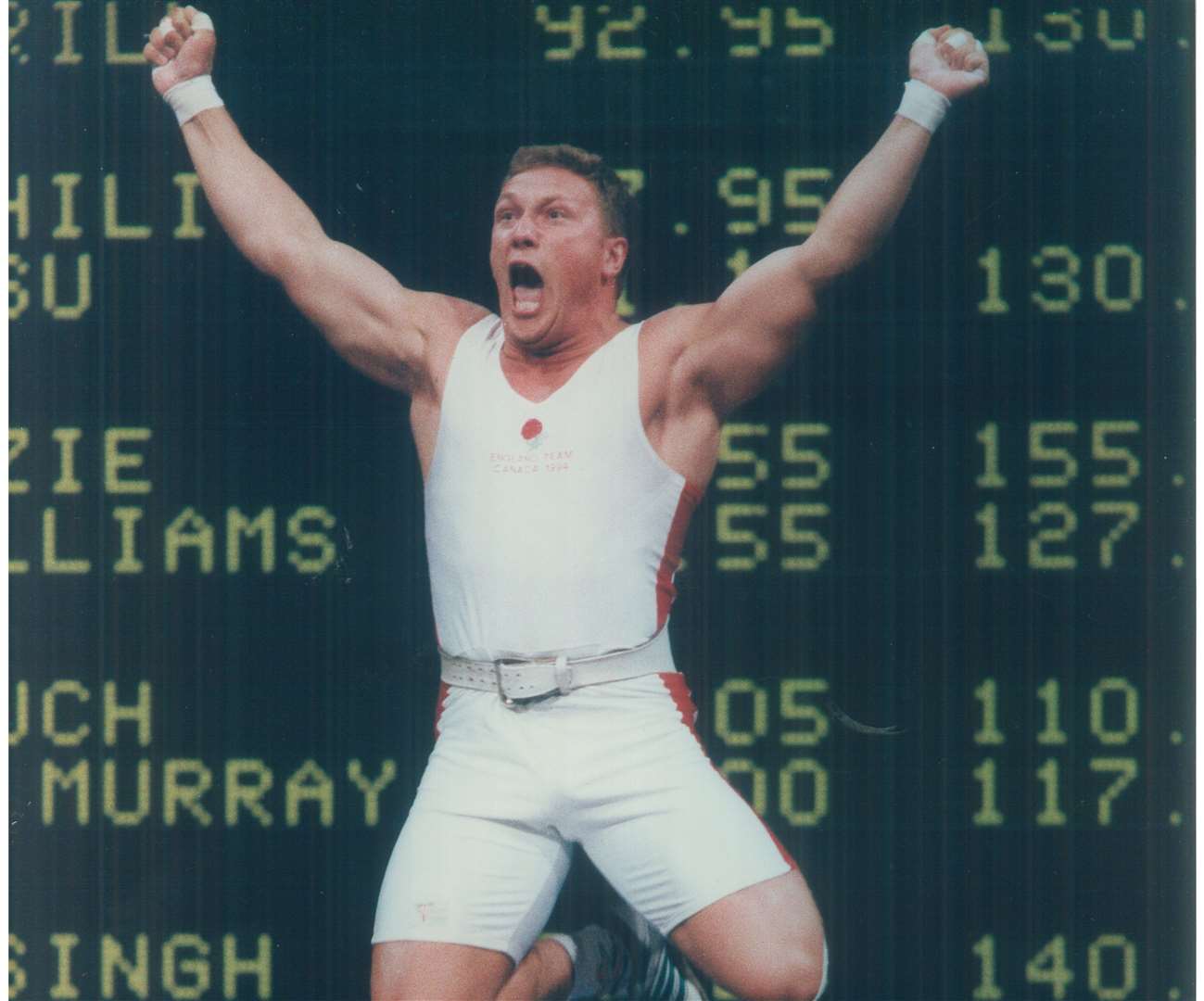 Andrew Callard celebrating a winning lift in Canada Common Wealth Games 1994