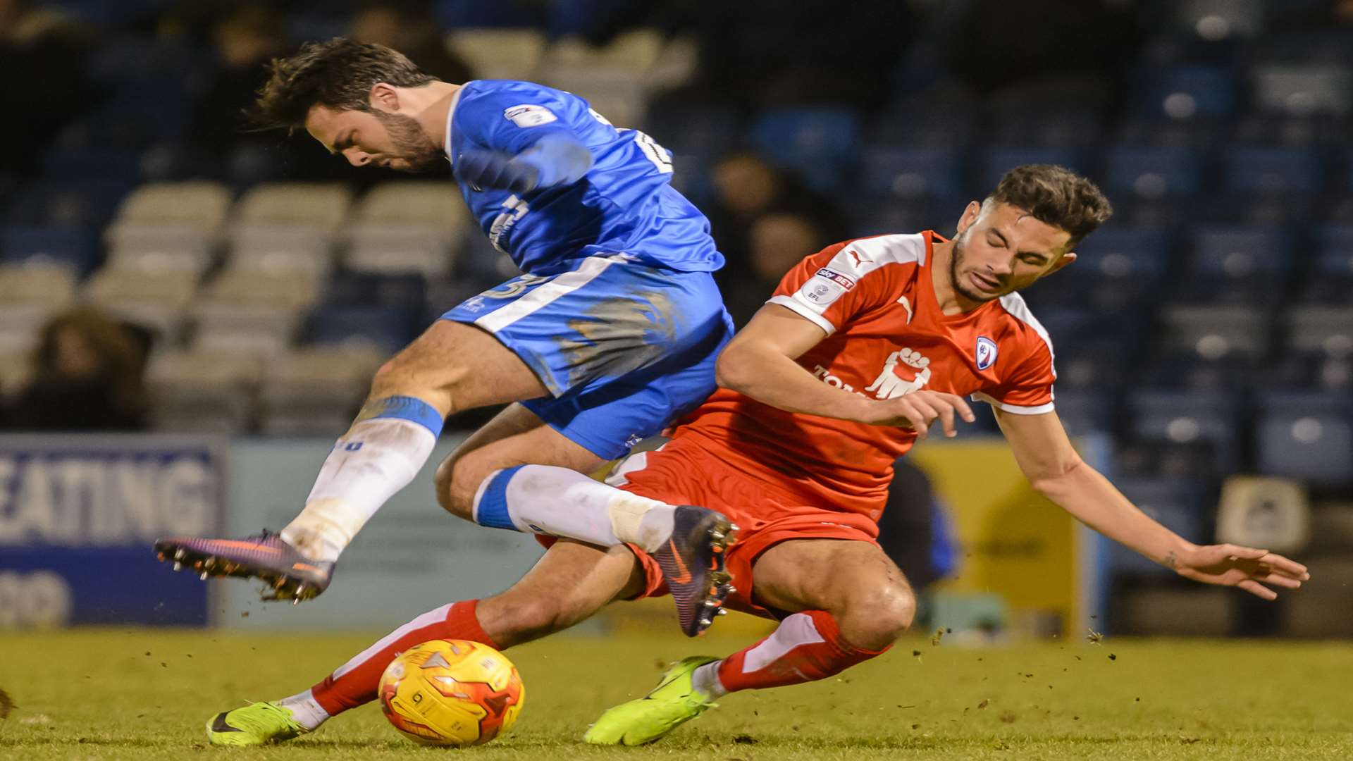 Bradley Dack is tackled by Chesterfield's David Faupala Picture: Andy Payton