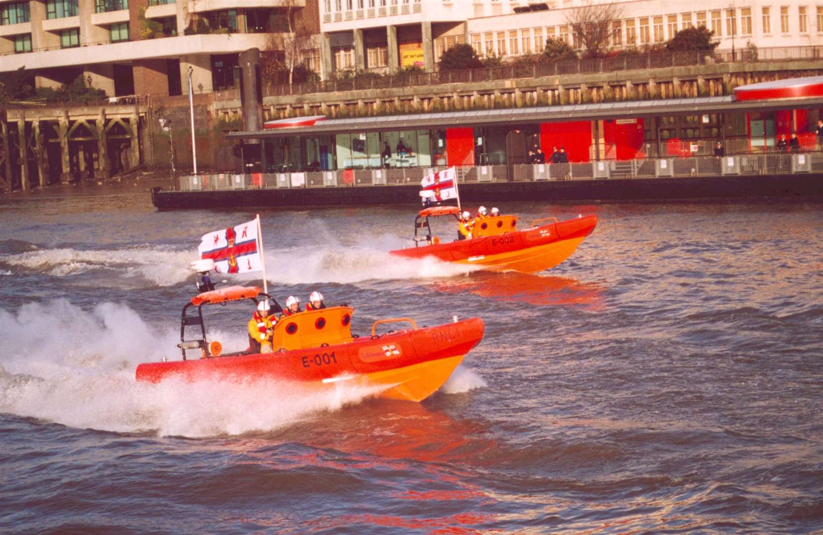 Lifeboats on the River Thames became operational in January 2002 and pictured here are E class fast rescue boats including from the station at Gravesend moving towards Tower Pier lifeboat station. Image: RNLI.