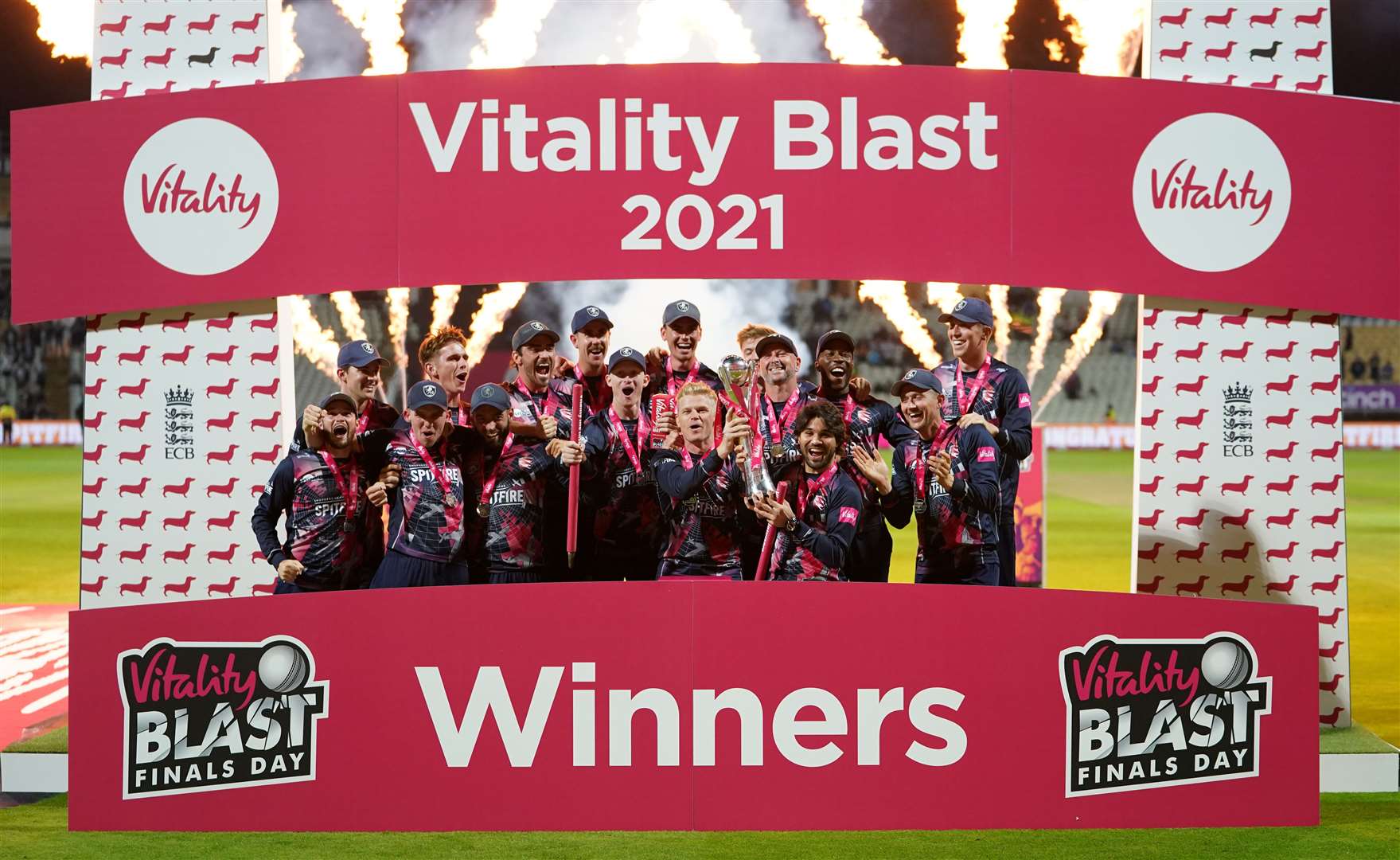 Kent Spitfires celebrate with the T20 Blast trophy after beating Somerset in the final at Edgbaston. Picture: Mike Egerton/PA Images