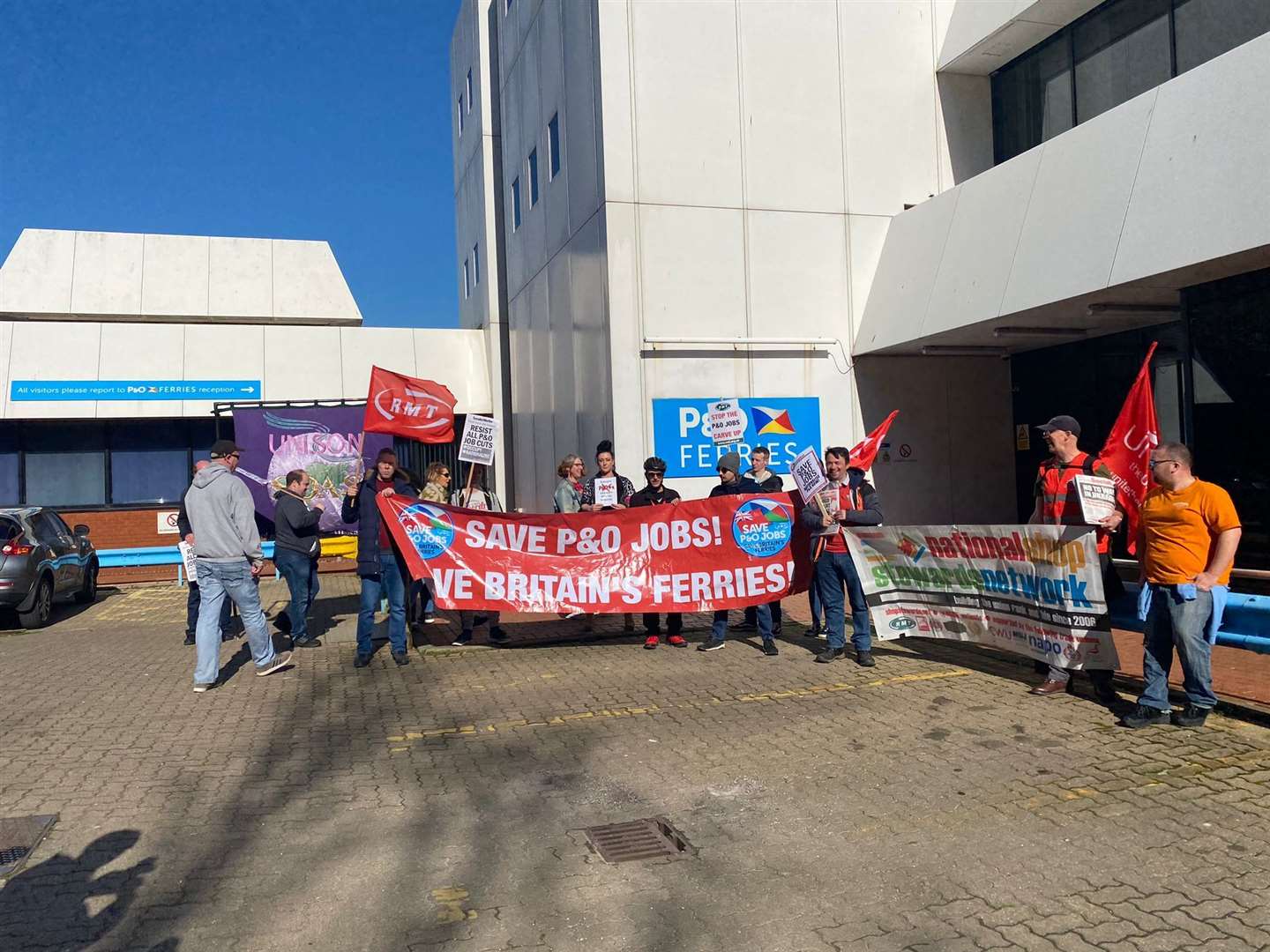 Protestors at Channel House, P&O's headquarters, today