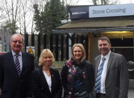 Gareth Johnson, Dartford MP, with Cllr John Burrell, Cllr Penny Cole and Cllr Lucy Canham at Stone Crossing Station.