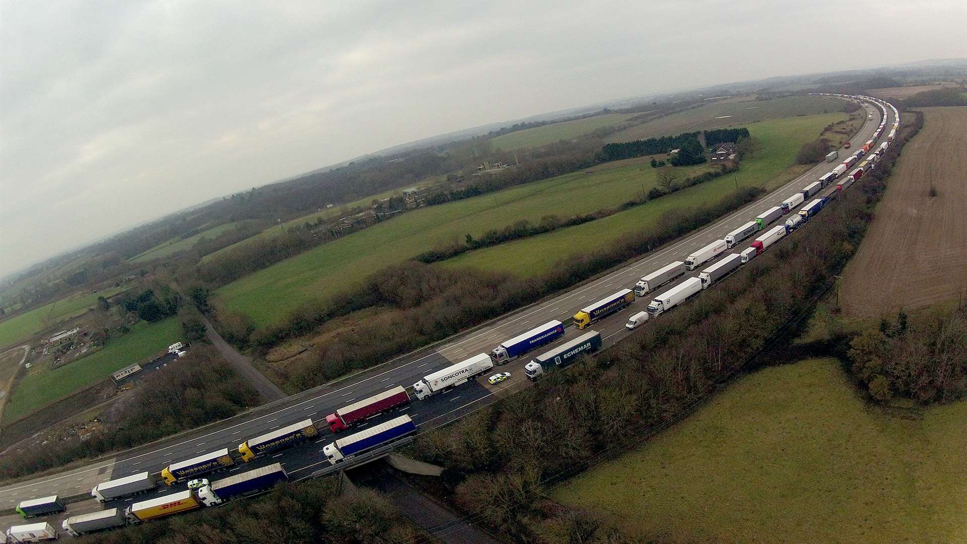 An aerial view of Operation Stack on the M20. Picture: Simon Burchett.
