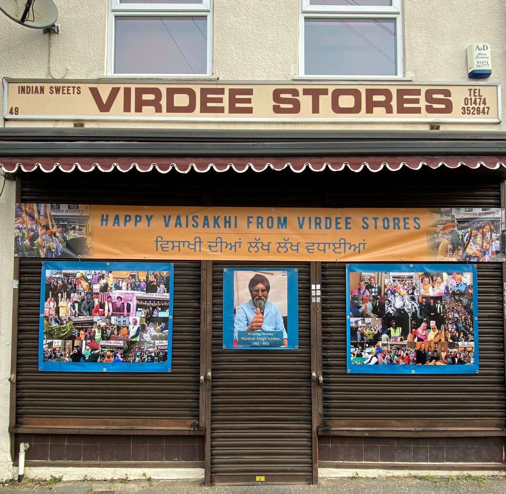 Memorial banners on Virdee Stores as it remains shut over the Vaisakhi period