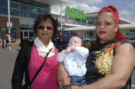 Ellen Fitz-Gerald, Patricia Fitz-Gerald and 16-week old Theo outside Asda’s Canterbury store.