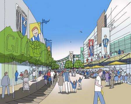 An artist'­s impression for Gillingham'­s proposed new stadium at Mill Hill, off Yokosuka Way in Gillingham.