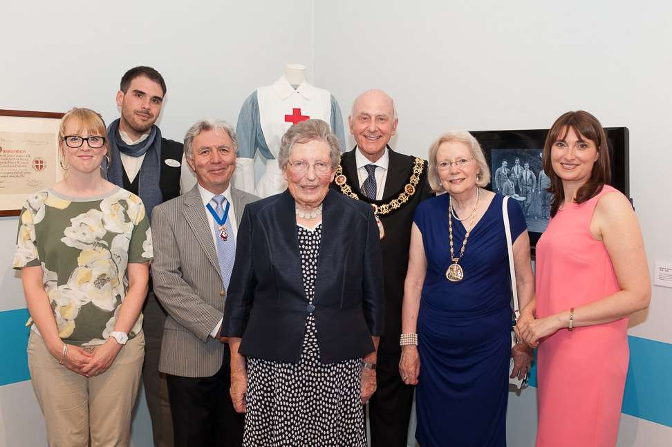 Baroness Emerton with museum staff, Mayor and Mayoress and Mr Peter W Blackwell JP Deputy Lieutenant