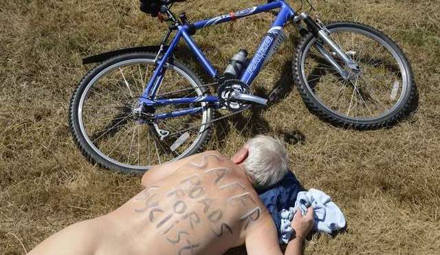 A cyclist at a previous naked bike ride in Folkestone