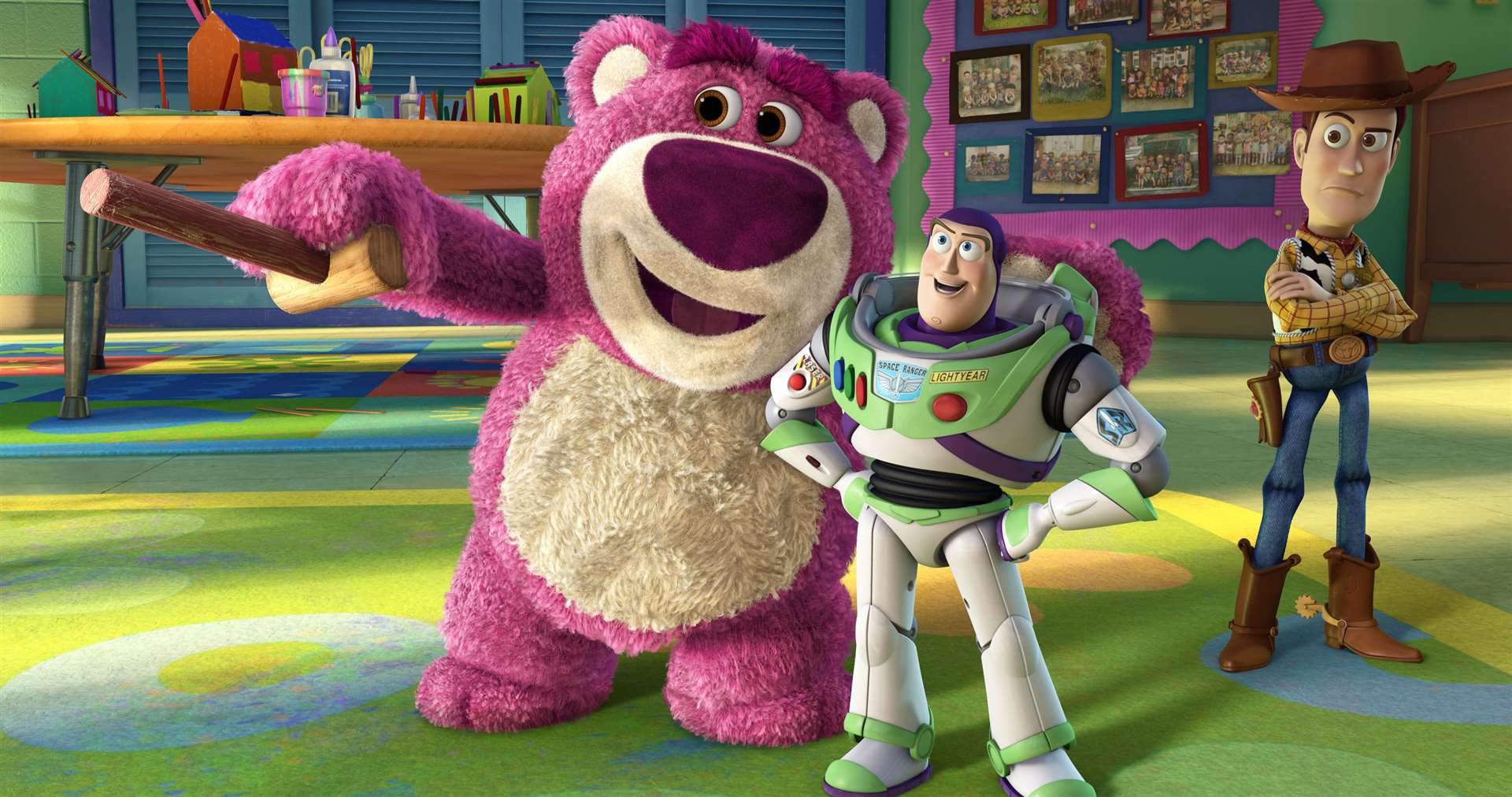 Lots-O-Huggin' Bear, Buzz Lightyear and Woody in Toy Story 3 Picture: Disney/Pixar
