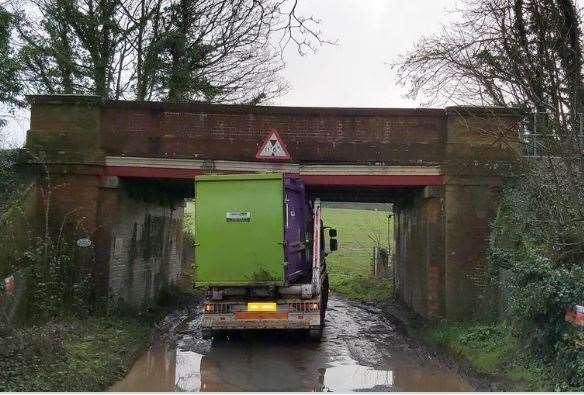 The lorry jammed against the bridge. Picture courtesy of Network Rail Kent and Sussex