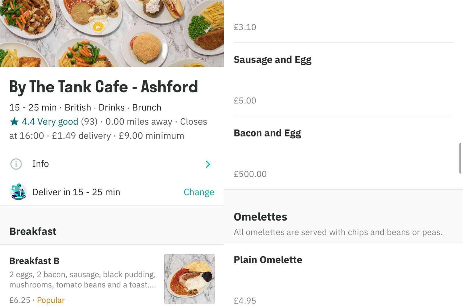 The cafe's Deliveroo page and, right, the expensive offer