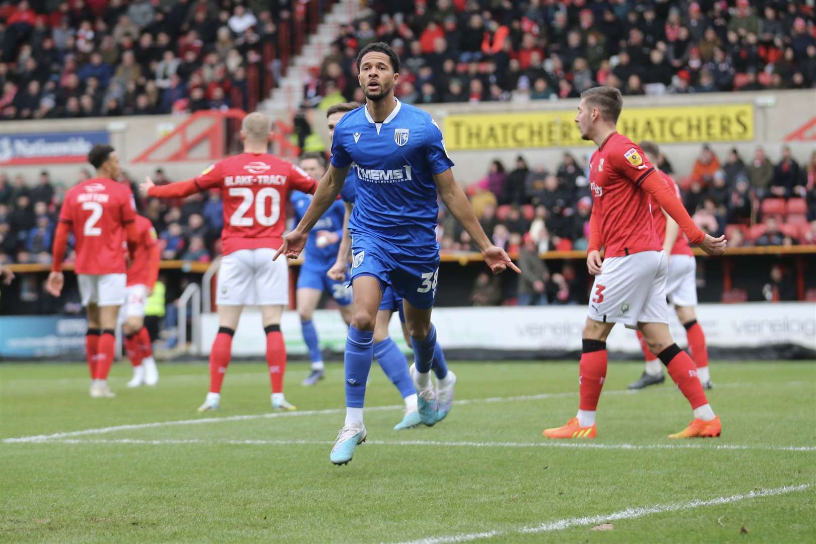 Timothee Dieng celebrates scoring for Gillingham at Swindon but a win against a top side eludes them