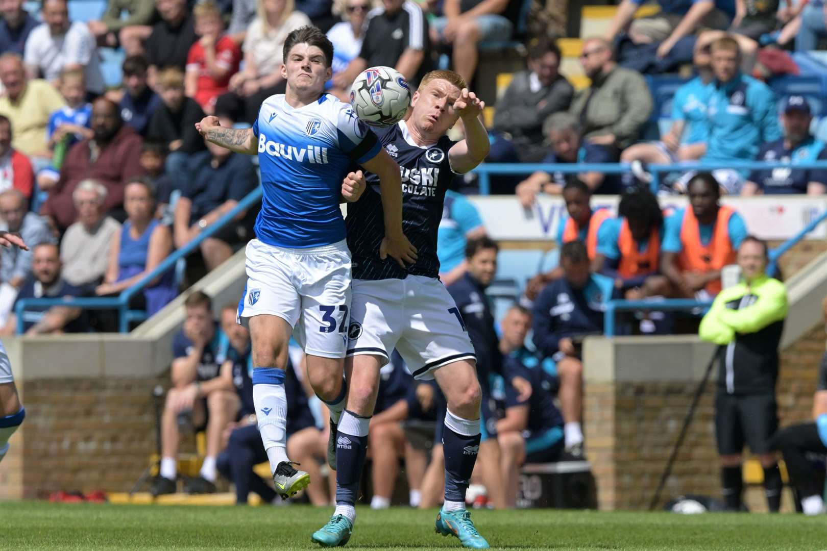 Josh Chambers challenges for the ball as Gillingham take on Millwall in a pre-season friendly Picture: Keith Gillard