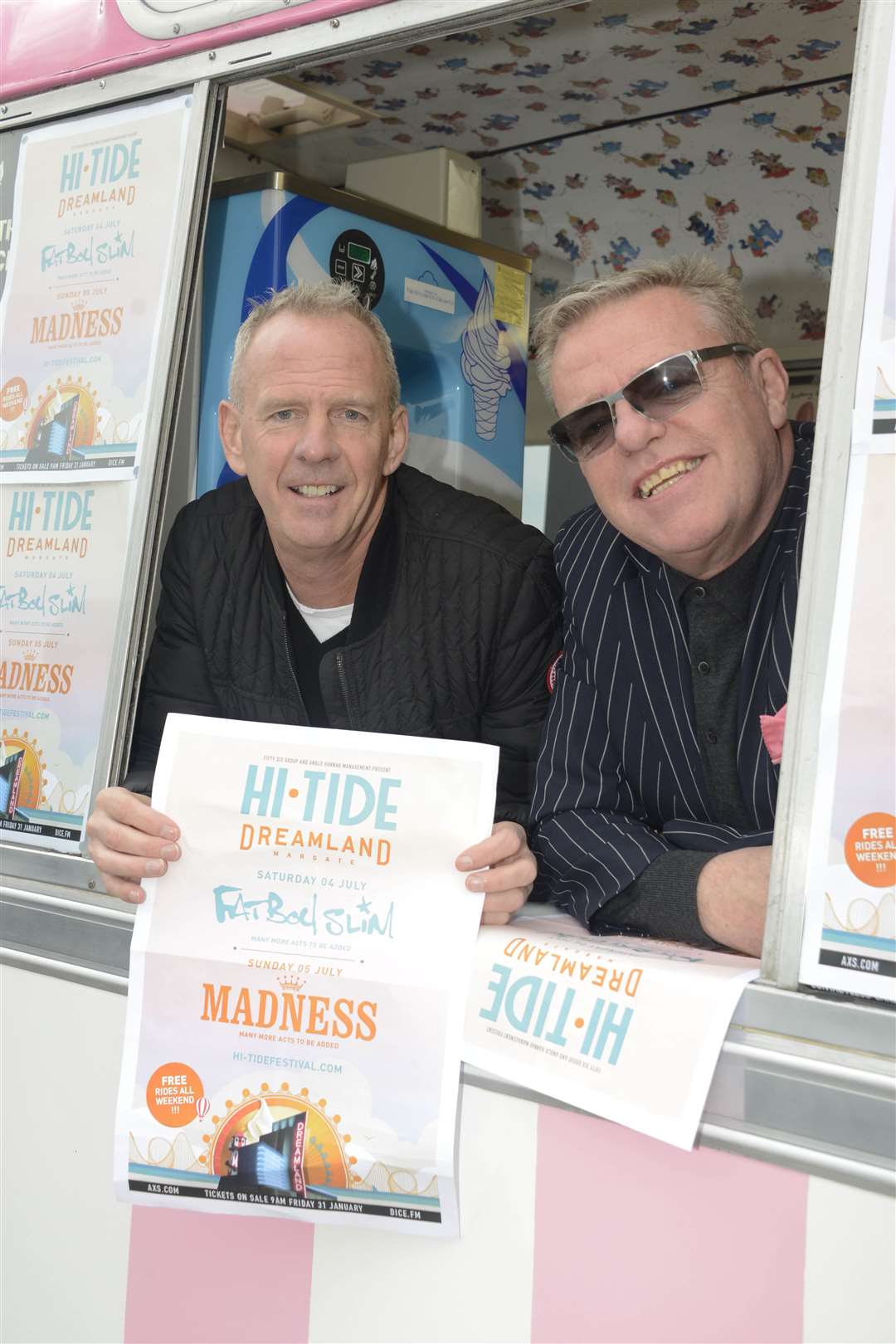 Fat Boy Slim and Suggs launched the Hi-Tide festival from an ice cream van in Margate. Picture: Paul Amos