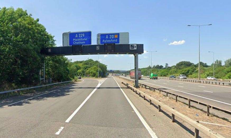 The M20 distributor lane between Junctions 6 and 5 will close London-bound from tonight. Picture: Google
