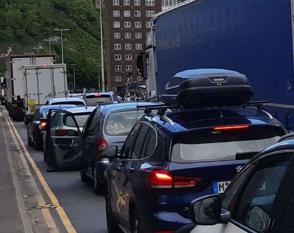A long queue at the A20 Townwall Street, a direct route to Dover Eastern Docks, yesterday. Picture:Sam Lennon KMG
