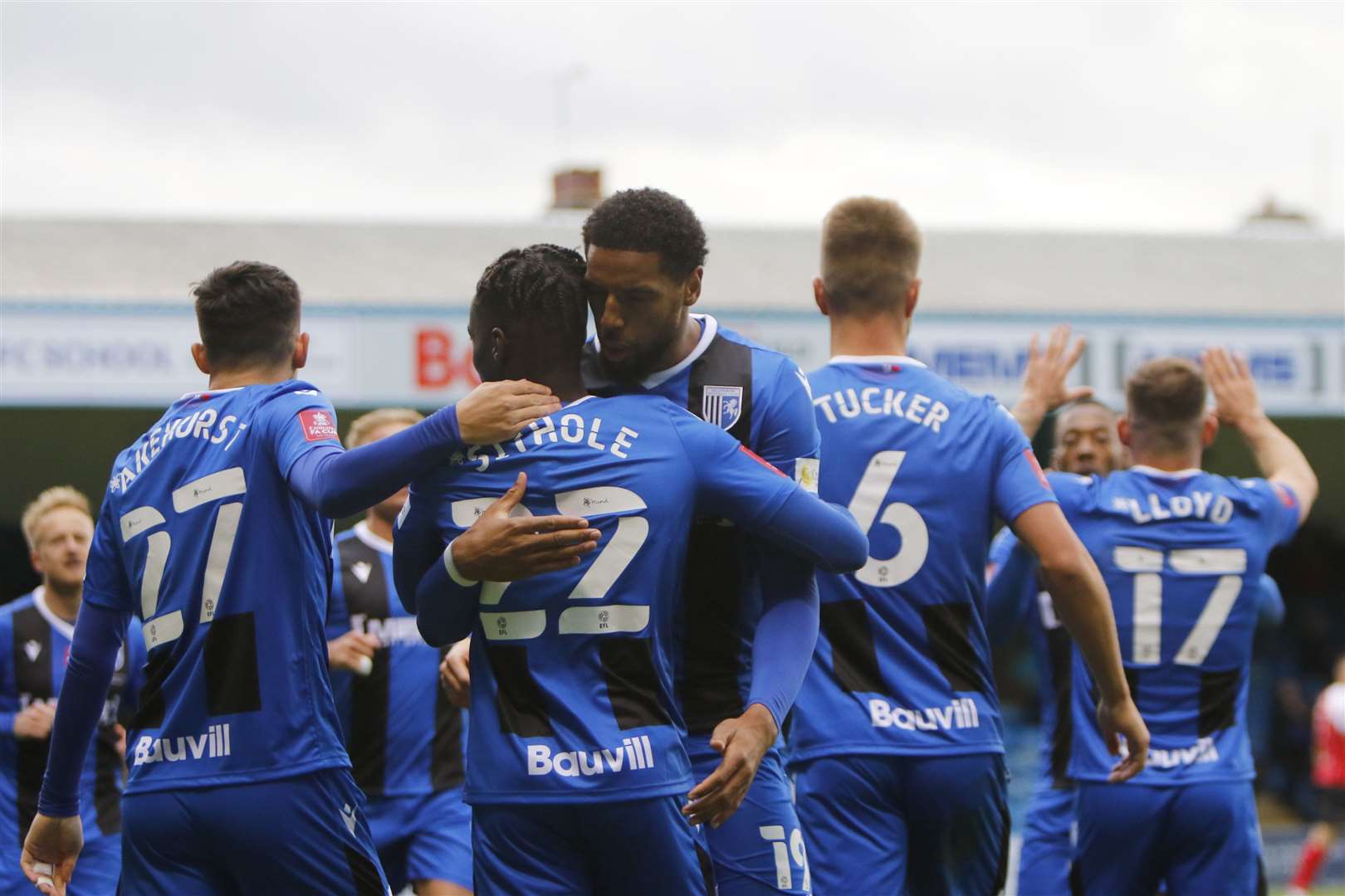 Gillingham celebrate their equaliser against Cheltenham Town on Saturday Picture: Andy Jones