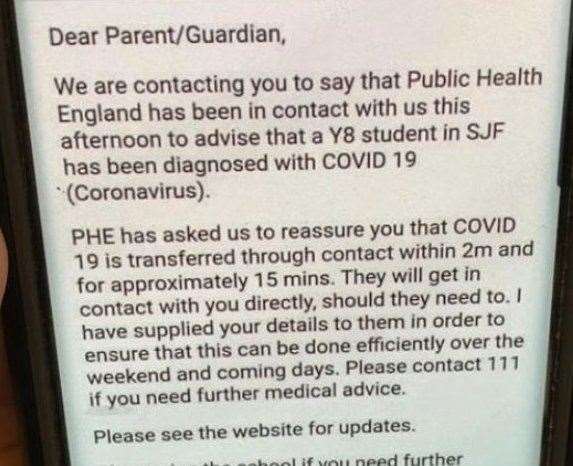 The message sent to parents of pupils at St John Fisher School, Chatham, last night regarding the cornonavirus