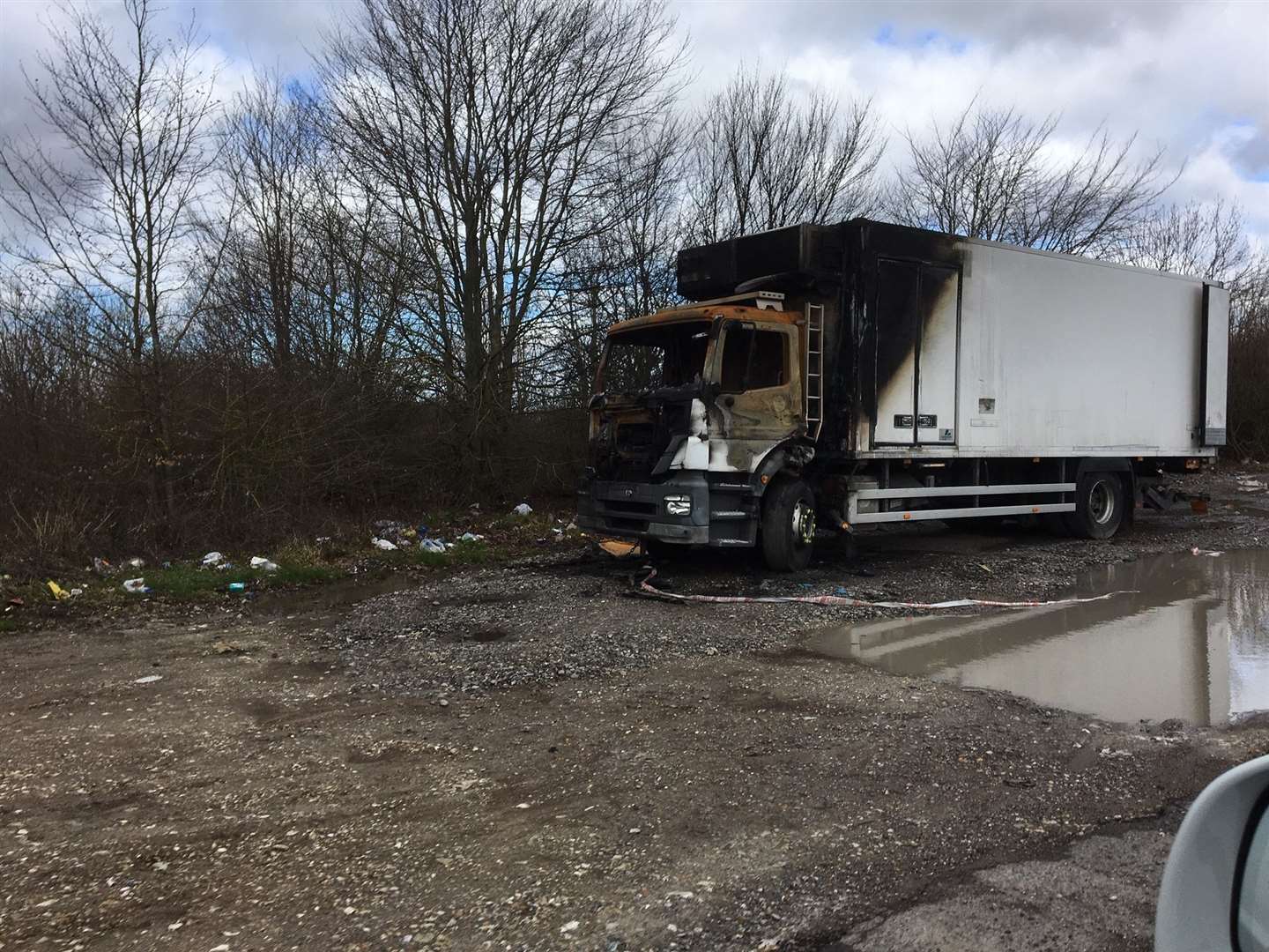 The burnt-out lorry still remains at the lay-by. Picture: David Bax