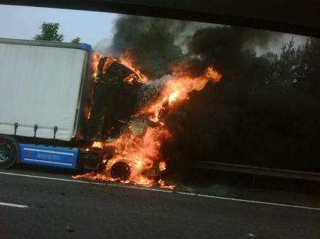 Lorry fire on the M20 Londonbound between J2 for the A20/A227 (Wrotham and Paddock Wood) and M25 J3/A20 (the Swanley Interchange). Picture: Melvyn Stringer