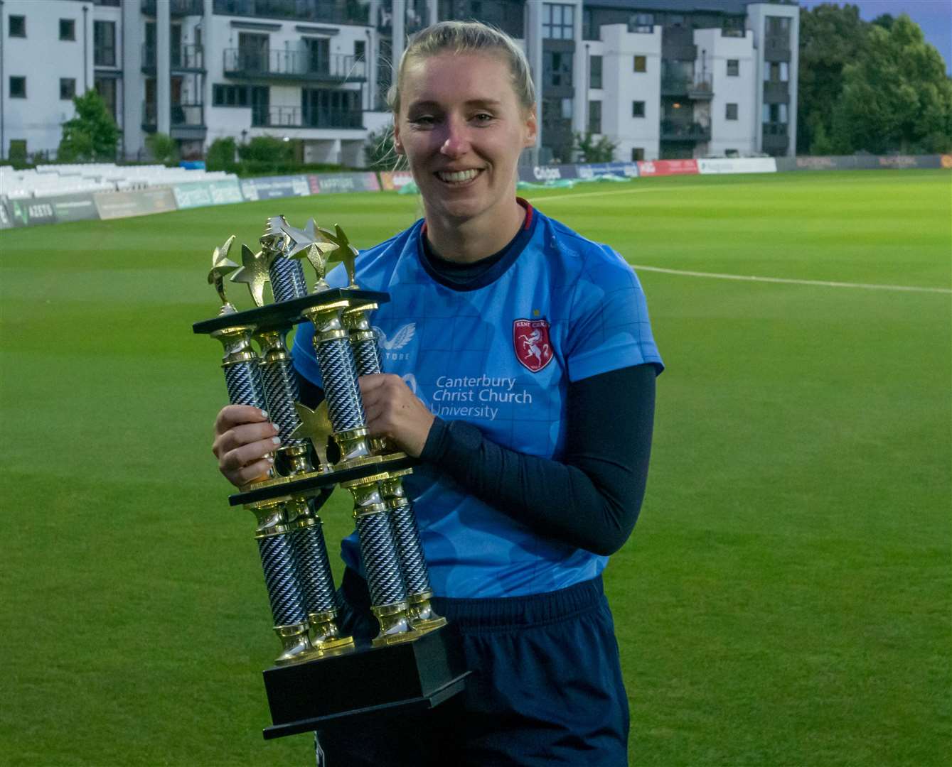 Megan Belt celebrates at Canterbury after Kent win the “Ladies Battle of the Bridge” against Essex. Picture: Kent Cricket / Ian Scammell