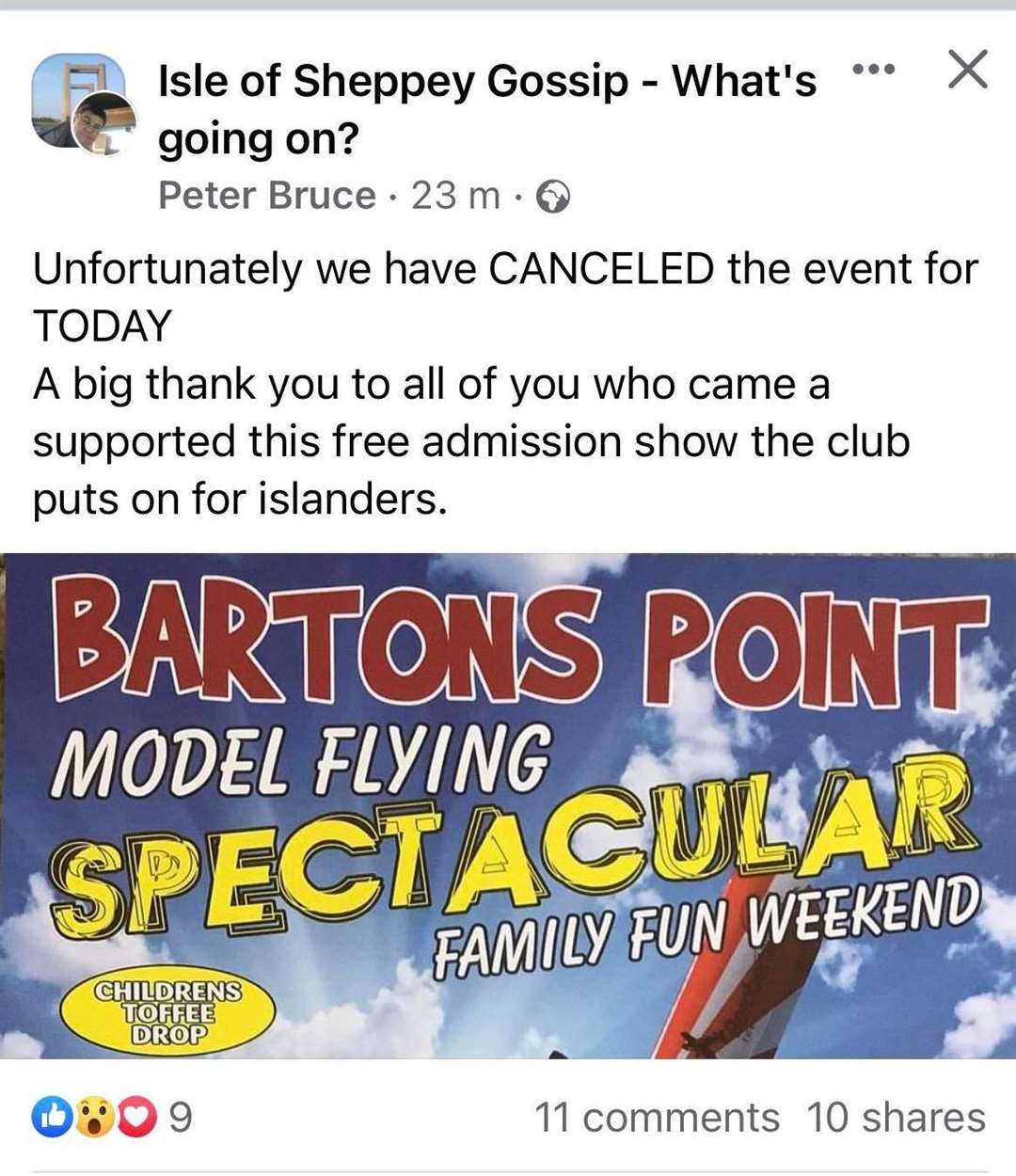Facebook post cancelling the second day of the Sheppey model air show