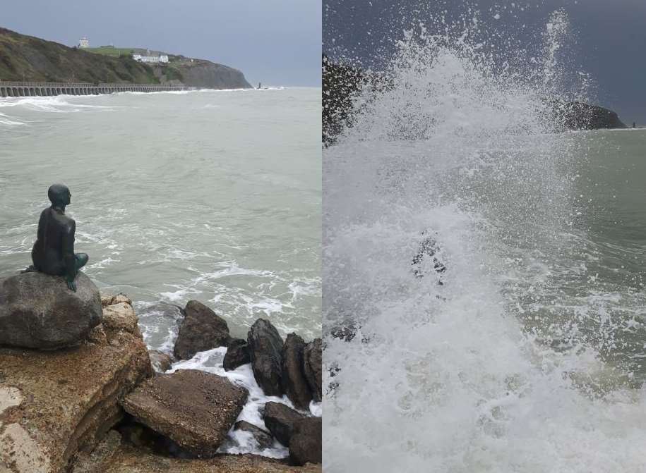 The Little Mermaid statue in Folkestone before and as a wave hits