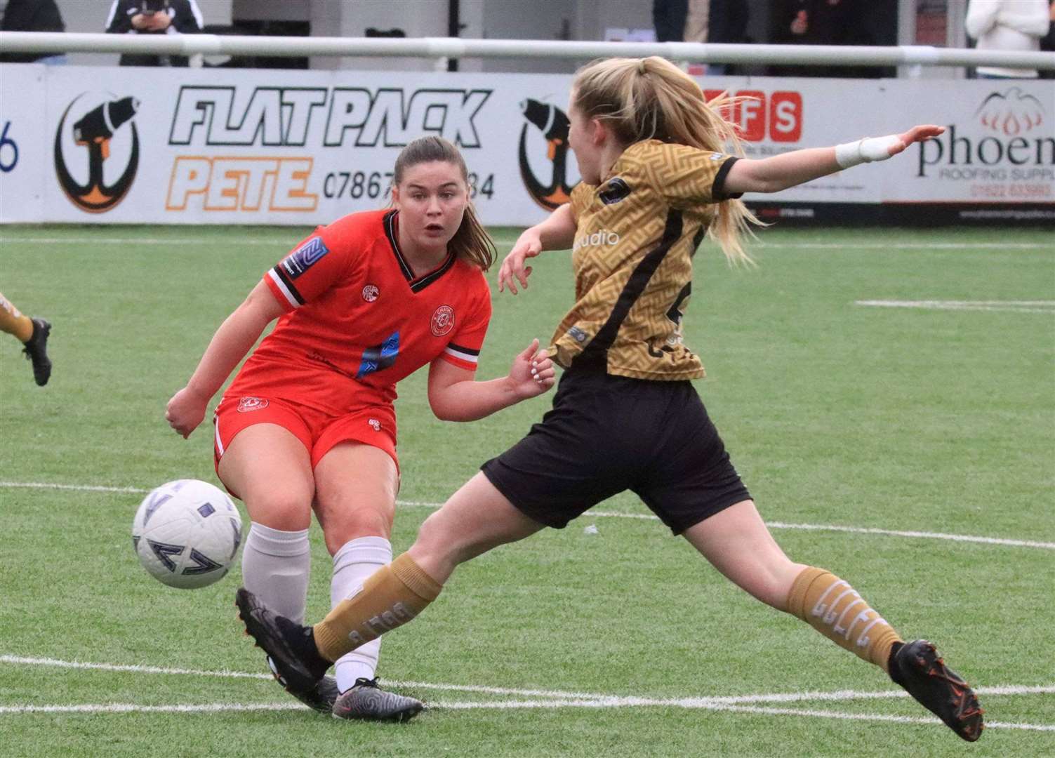 Ciara Hynes takes on Cardiff City on a frustrating day for Chatham’s Women as they were beaten 2-0 at home. Picture: Allen Hollands